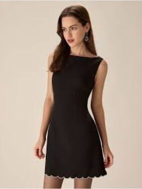 RIHOAS Black Sleeveless Scallop-Hem Mini Dress